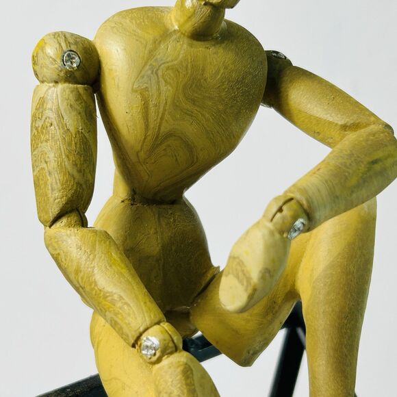 Wooden Jointed Artist Figure Sitting on Metal Stand Modern Figurine Decor 10" - Picture 7 of 7